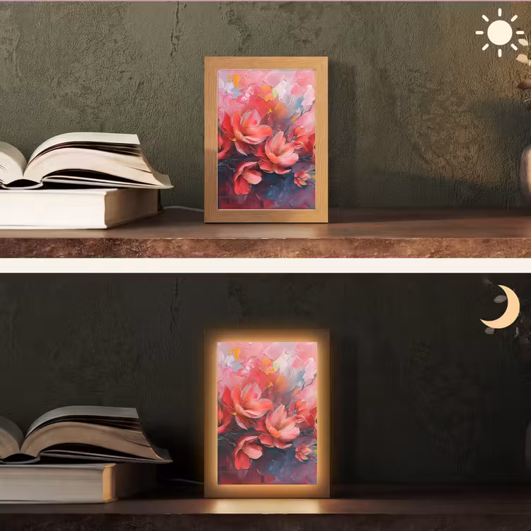 Bloemen - Roze - Natuur- Kunst - Abstract Light Box met kabel (Tafellamp) klein -sfeer3