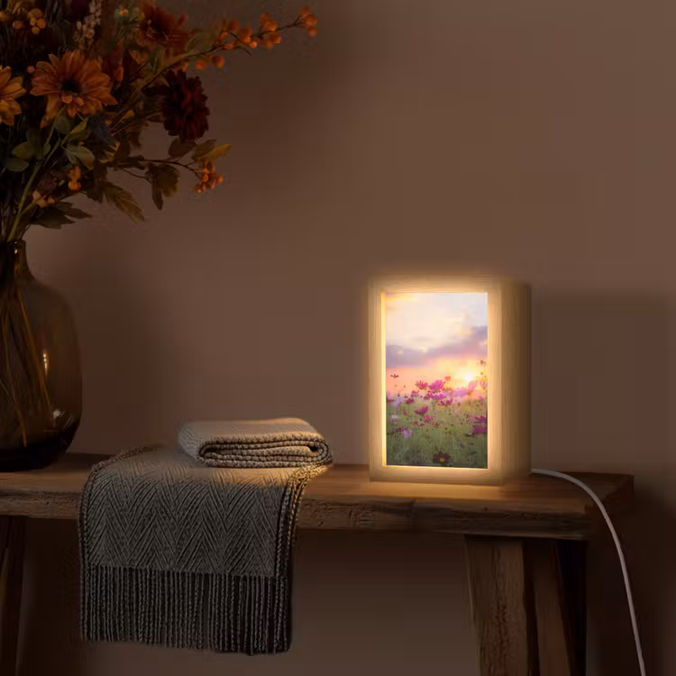 Bloemen - Roze - Zonsondergang - Natuur - Weide - Horizon Light Box met kabel (Tafellamp) klein -sfeer4