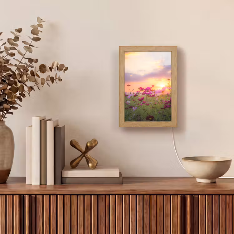 Bloemen - Roze - Zonsondergang - Natuur - Weide - Horizon Light Box met kabel (Tafellamp) klein -sfeer2