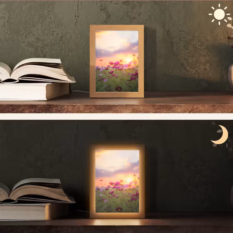 Bloemen - Roze - Zonsondergang - Natuur - Weide - Horizon Light Box met kabel (Tafellamp) klein -sfeer3