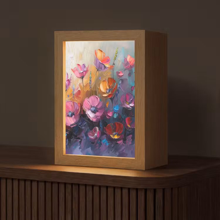 Bloemen - Paars - Kleurrijk - Handgeschilderd - Kunst Light Box met kabel (Tafellamp) klein -z3d_website