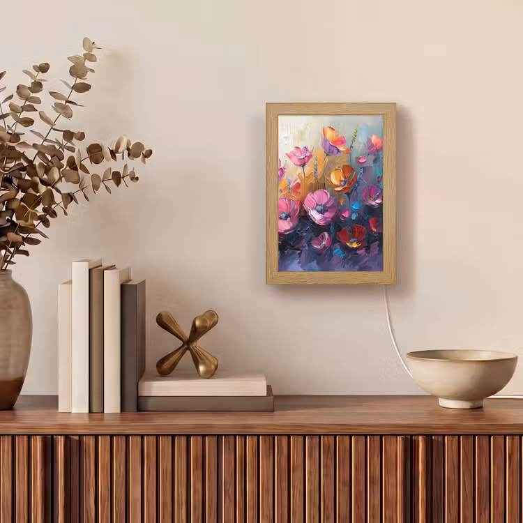 Bloemen - Paars - Kleurrijk - Handgeschilderd - Kunst Light Box met kabel (Tafellamp) klein -sfeer2