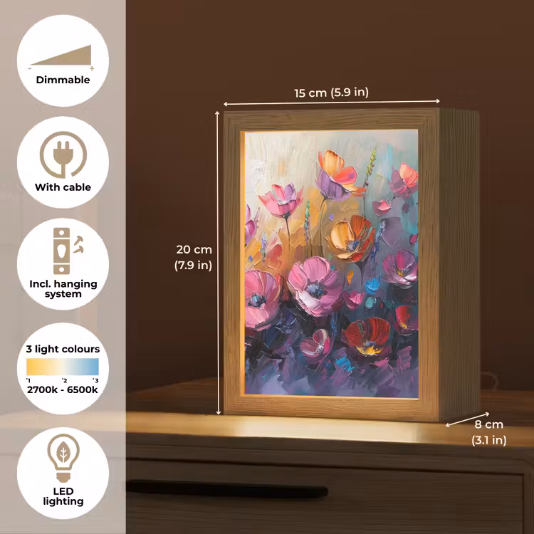 Bloemen - Paars - Kleurrijk - Handgeschilderd - Kunst Light Box met kabel (Tafellamp) klein -USP_EN