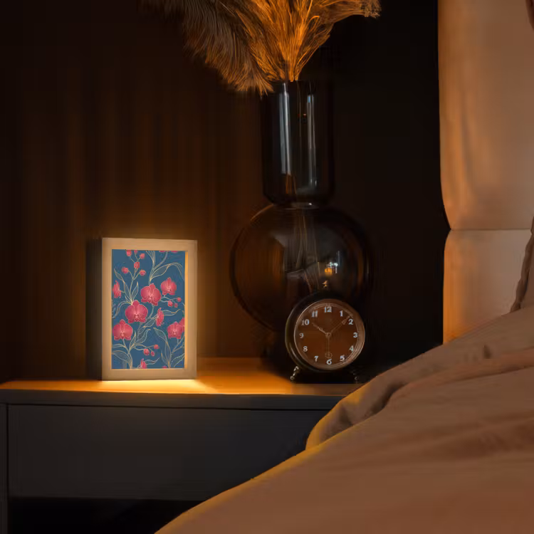 Table Lamp - Flowers - Red - Gold - Bloemen - Rood - Goud Light Box met kabel (Tafellamp) klein