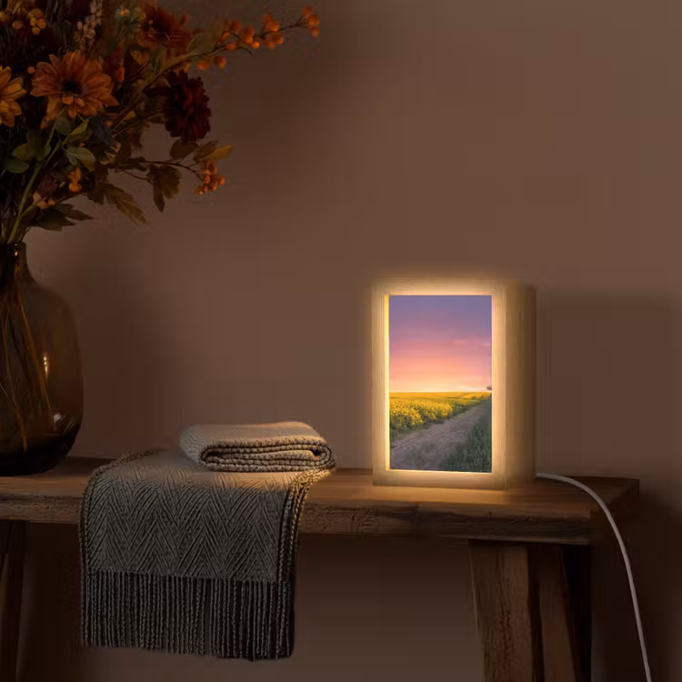 Bloemen - Weg - Lucht - Geel - Paars - Zonsondergang - Natuur Light Box met kabel (Tafellamp) klein -sfeer4