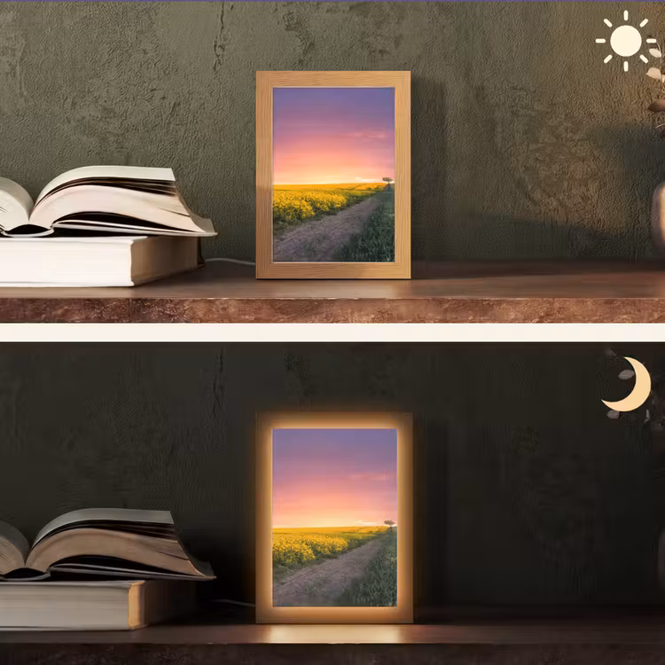 Bloemen - Weg - Lucht - Geel - Paars - Zonsondergang - Natuur Light Box met kabel (Tafellamp) klein -sfeer3