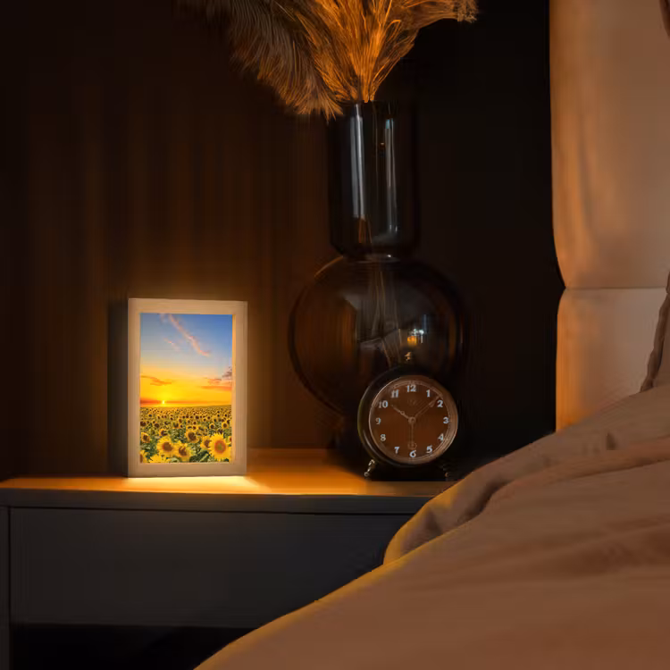 Bloemen - Zonnebloem - Zonsondergang - Nacht - Oranje Light Box met kabel (Tafellamp) klein -sfeer1