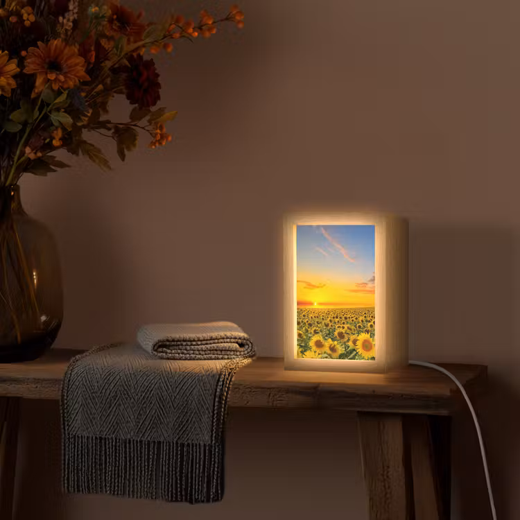 Bloemen - Zonnebloem - Zonsondergang - Nacht - Oranje Light Box met kabel (Tafellamp) klein -sfeer4