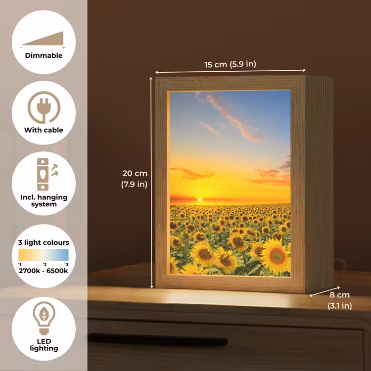 Bloemen - Zonnebloem - Zonsondergang - Nacht - Oranje Light Box met kabel (Tafellamp) klein -USP_EN