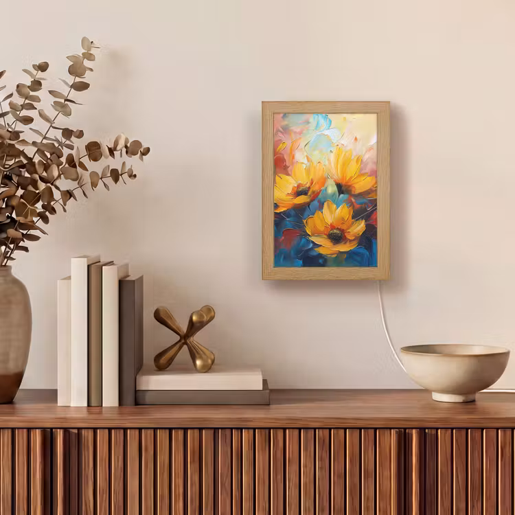 Bloemen - Zonnebloemen - Kunst - Geel Light Box met kabel (Tafellamp) klein -sfeer2