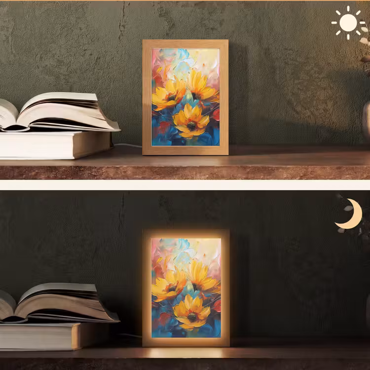 Bloemen - Zonnebloemen - Kunst - Geel Light Box met kabel (Tafellamp) klein -sfeer3