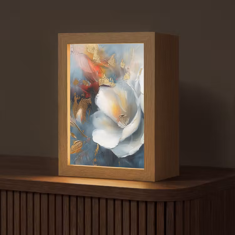 Bloemen - Wit - Goud - Kunst - Abstract Light Box met kabel (Tafellamp) klein -z3d_website