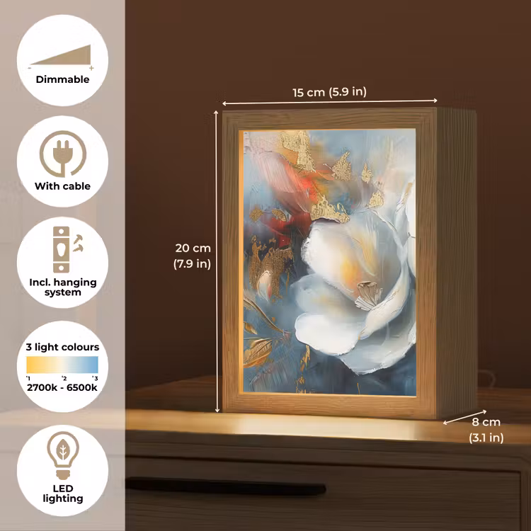Bloemen - Wit - Goud - Kunst - Abstract Light Box met kabel (Tafellamp) klein -USP_EN