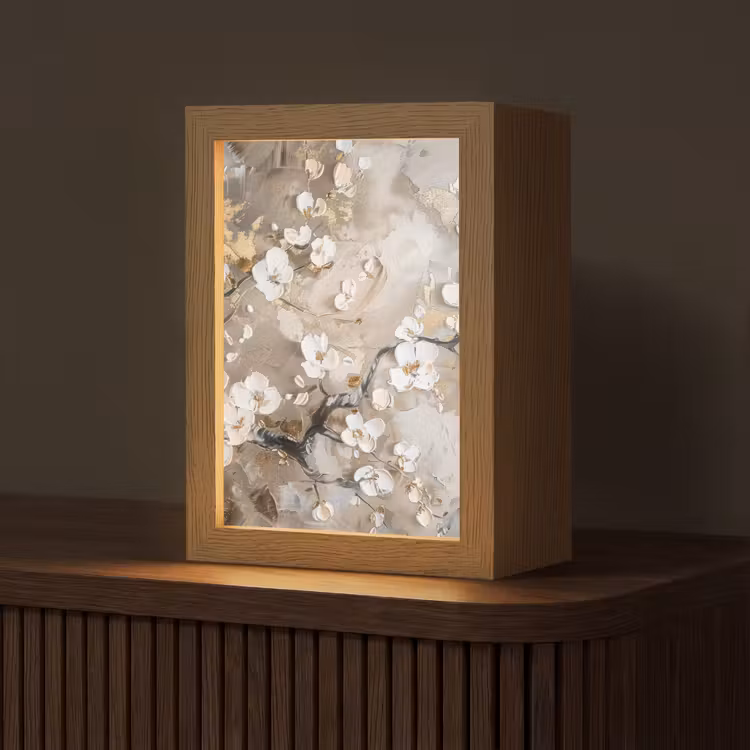 Bloemen - Wit - Goud - Beige - Luxe Light Box met kabel (Tafellamp) klein -z3d_website