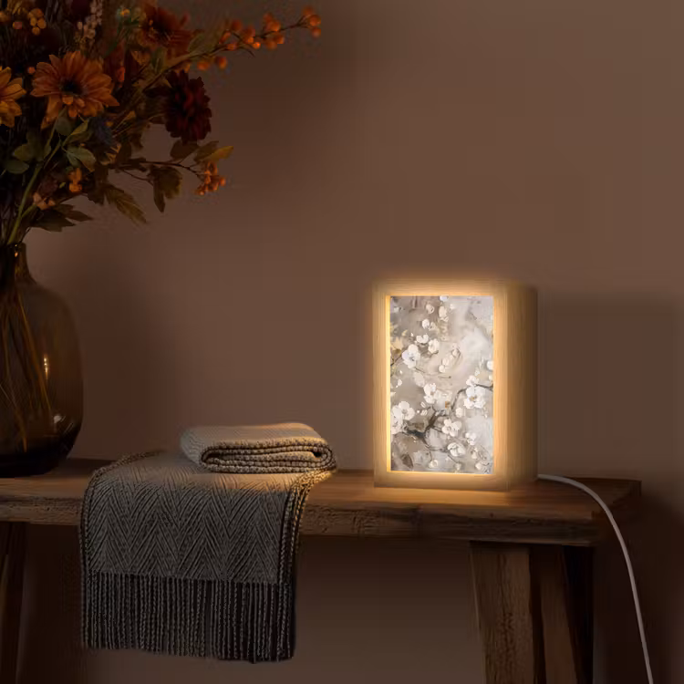 Bloemen - Wit - Goud - Beige - Luxe Light Box met kabel (Tafellamp) klein -sfeer4