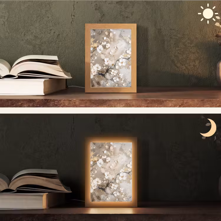 Bloemen - Wit - Goud - Beige - Luxe Light Box met kabel (Tafellamp) klein -sfeer3