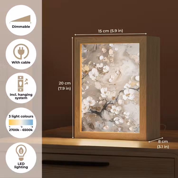 Bloemen - Wit - Goud - Beige - Luxe Light Box met kabel (Tafellamp) klein -USP_EN
