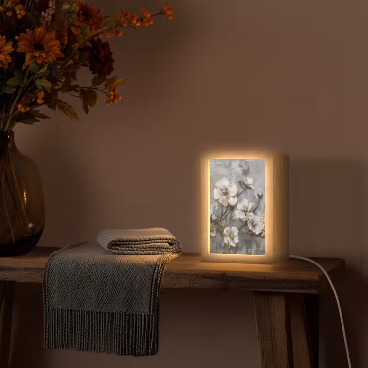 Bloemen - Wit - Grijs - Goud - Luxe Light Box met kabel (Tafellamp) klein -sfeer4