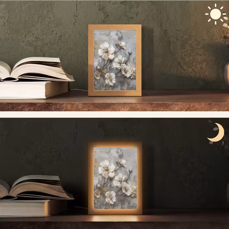 Bloemen - Wit - Grijs - Goud - Luxe Light Box met kabel (Tafellamp) klein -sfeer3