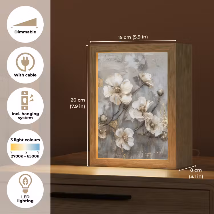 Bloemen - Wit - Grijs - Goud - Luxe Light Box met kabel (Tafellamp) klein -USP_EN