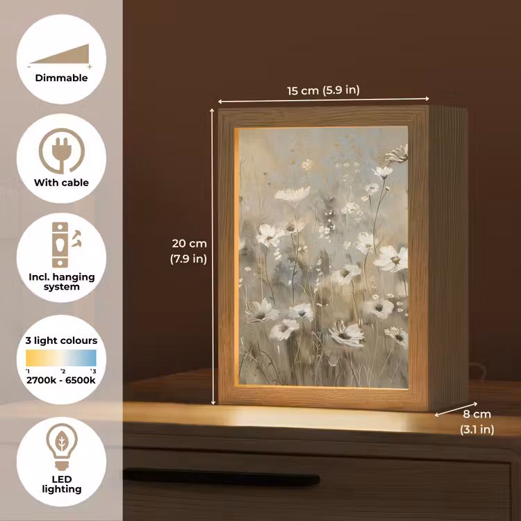 Bloemen - Wit - Natuur - Grijs - Modern Light Box met kabel (Tafellamp) klein -USP_EN