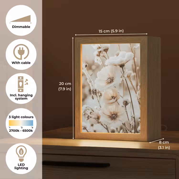 Bloemen - Winter - Wit - Sneeuw - Beige Light Box met kabel (Tafellamp) klein -USP_EN
