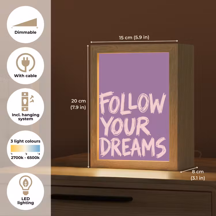 Follow your dreams - Paars - Penseeltextuur Light Box met kabel (Tafellamp) klein -USP_EN