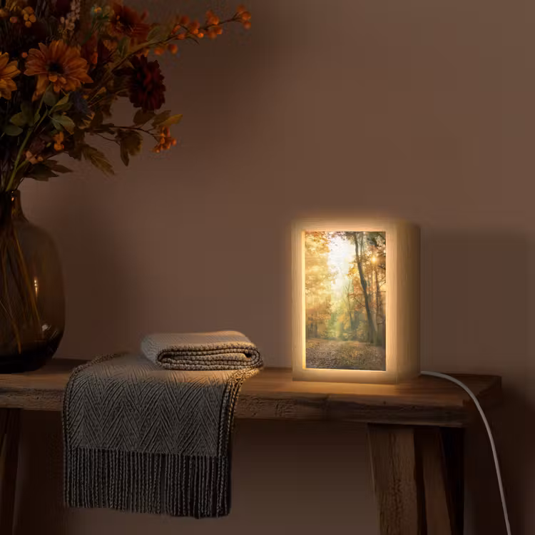 Bos - Herfst - Zon - Landschap - Natuur - Bomen - Bladeren Light Box met kabel (Tafellamp) klein -sfeer4