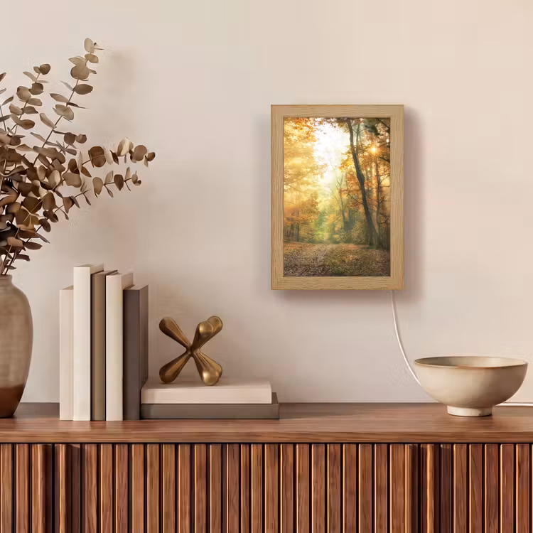 Bos - Herfst - Zon - Landschap - Natuur - Bomen - Bladeren Light Box met kabel (Tafellamp) klein -sfeer2