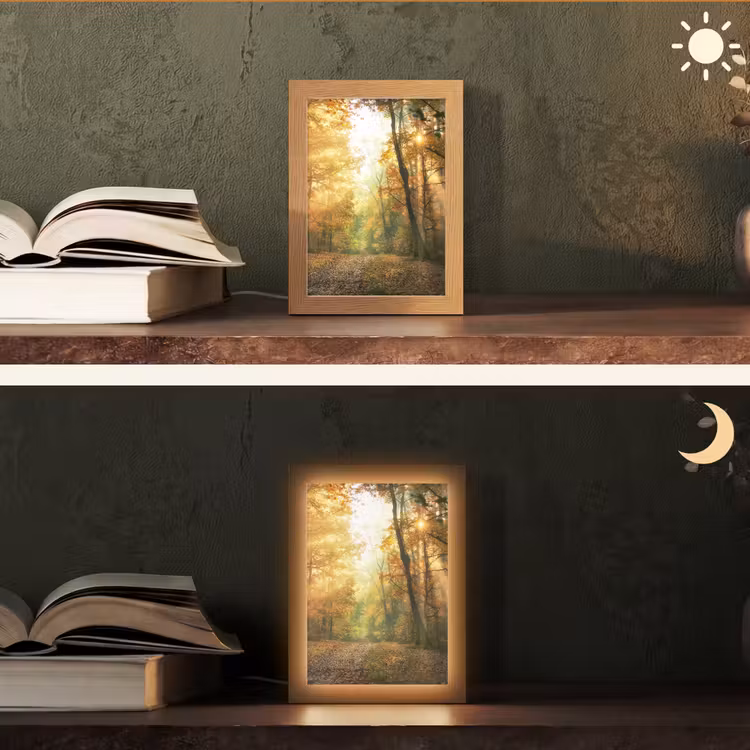 Bos - Herfst - Zon - Landschap - Natuur - Bomen - Bladeren Light Box met kabel (Tafellamp) klein -sfeer3