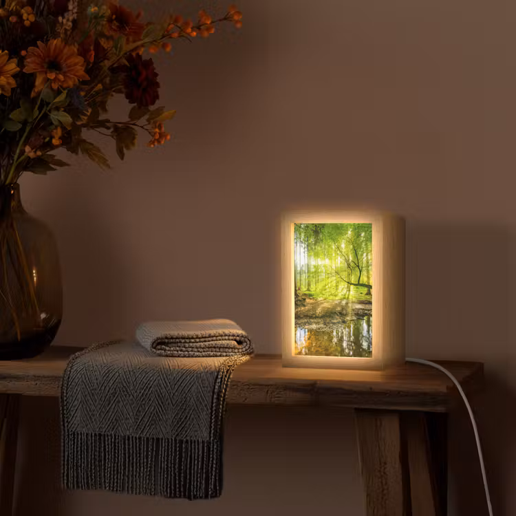 Bos - Landschap - Water - Bomen - Zon - Groen - Natuur Light Box met kabel (Tafellamp) klein -sfeer4