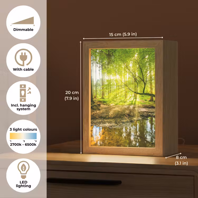 Bos - Landschap - Water - Bomen - Zon - Groen - Natuur Light Box met kabel (Tafellamp) klein -USP_EN