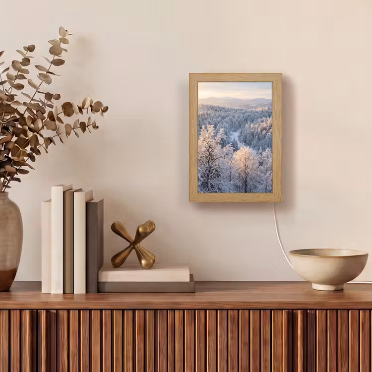 Bos - Bergen - Goud - Winter - Warm Light Box met kabel (Tafellamp) klein -sfeer2