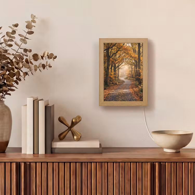 Bospad - Herfstbos - Bladeren - Oranje - Nostalgisch Light Box met kabel (Tafellamp) klein -sfeer2