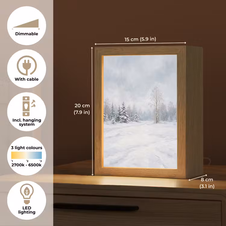 Bospad - Dennen - Sneeuw - Winter - Rustgevend Light Box met kabel (Tafellamp) klein -USP_EN