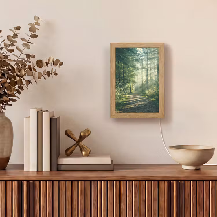 Bos - Pad - Zon - Bomen - Groen - Natuur Light Box met kabel (Tafellamp) klein -sfeer2