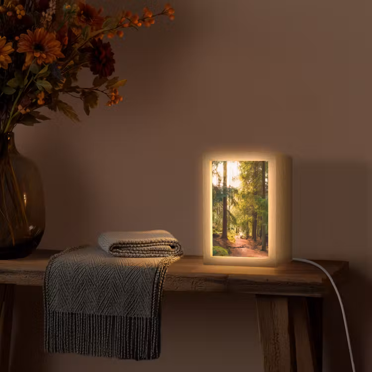 Bos - Pad - Bomen - Groen - Zon - Natuur Light Box met kabel (Tafellamp) klein -sfeer4