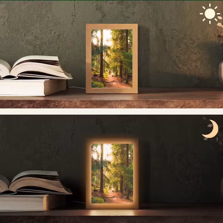 Bos - Pad - Bomen - Groen - Zon - Natuur Light Box met kabel (Tafellamp) klein -sfeer3