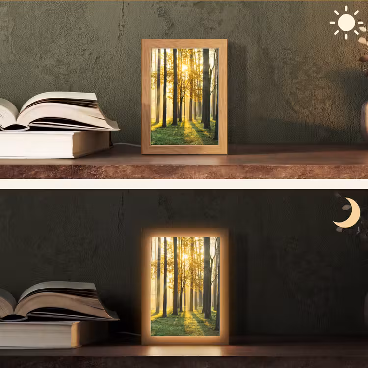 Bos - Zon - Bomen - Gras - Landschap - Natuur Light Box met kabel (Tafellamp) klein -sfeer3