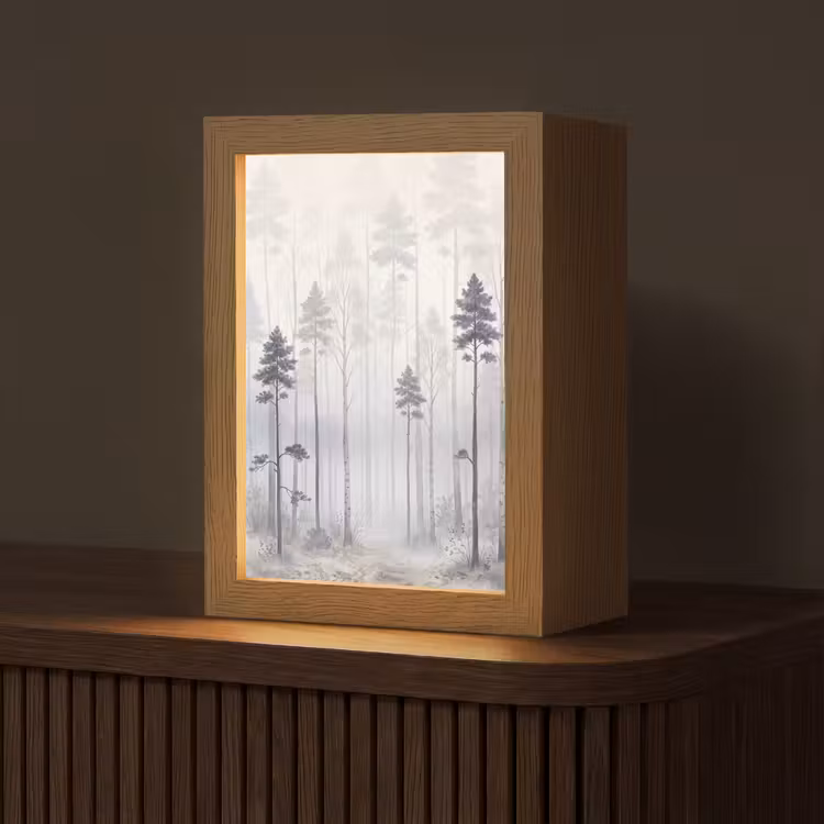 Bos - Bomen - Mist - Natuur - Illustratie - Grijs Light Box met kabel (Tafellamp) klein -z3d_website