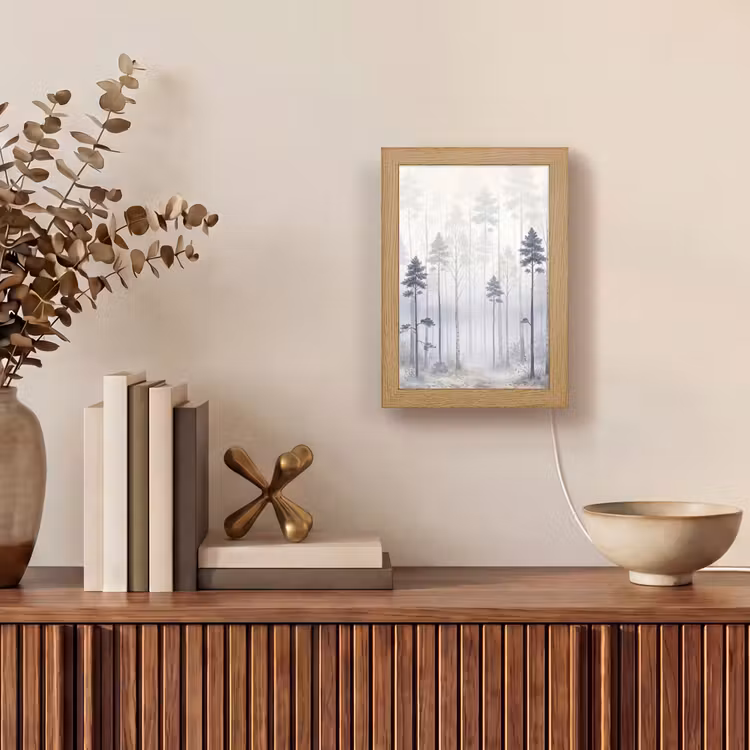 Bos - Bomen - Mist - Natuur - Illustratie - Grijs Light Box met kabel (Tafellamp) klein -sfeer2