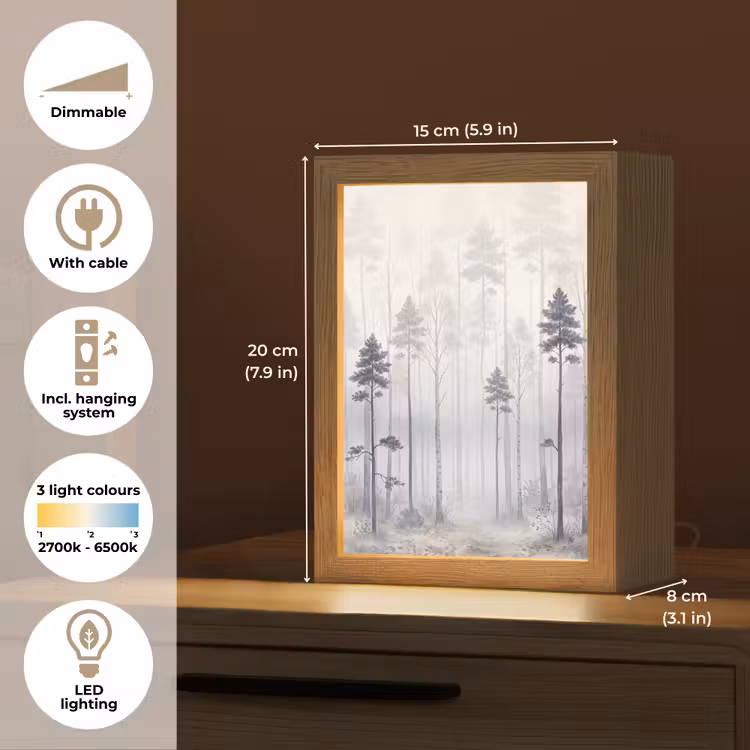 Bos - Bomen - Mist - Natuur - Illustratie - Grijs Light Box met kabel (Tafellamp) klein -USP_EN