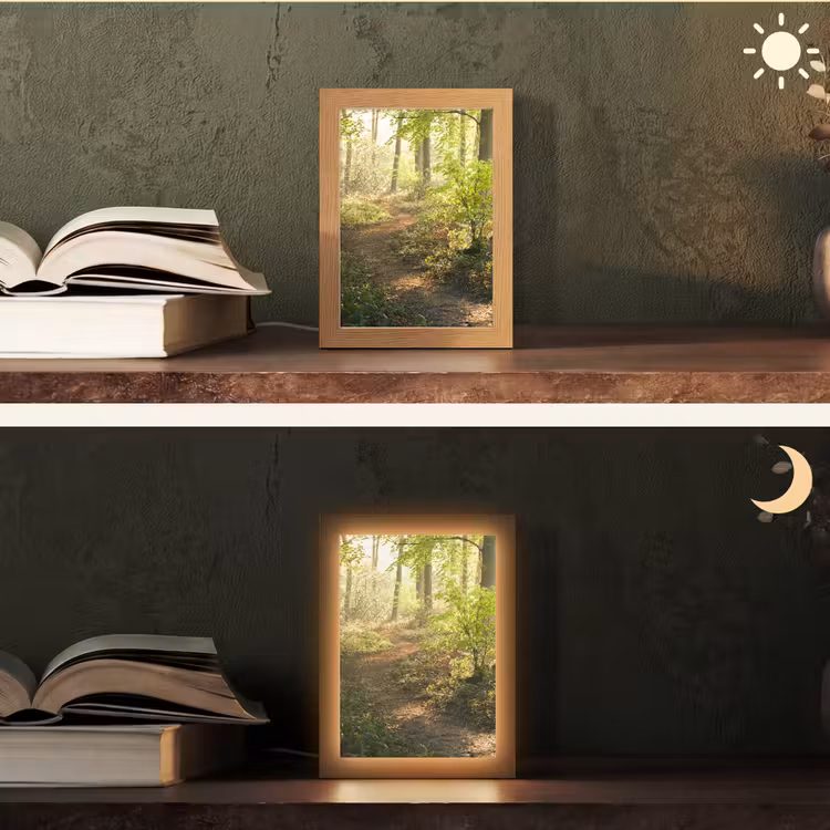 Bos - Bomen - Pad - Zon - Planten - Bladeren - Natuur Light Box met kabel (Tafellamp) klein -sfeer3