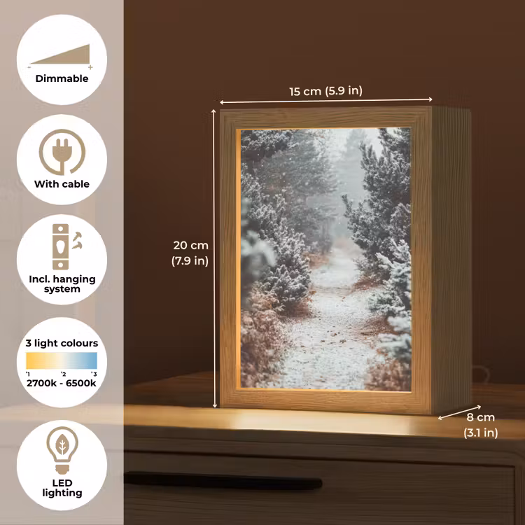 Bos - Winter - Bomen - Natuur - Pad - Sneeuw Light Box met kabel (Tafellamp) klein -USP_EN