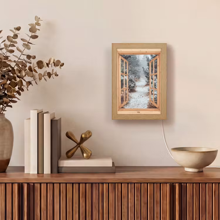 Bos - Winter - Bomen - Natuur - Pad - Doorkijk Light Box met kabel (Tafellamp) klein -sfeer2