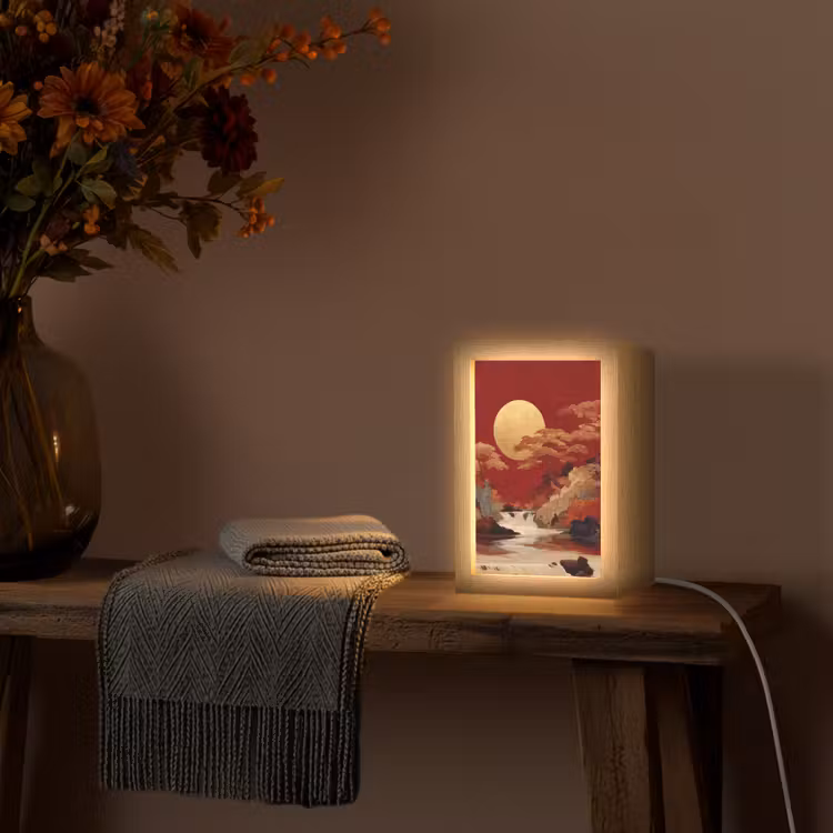 Volle maan - Landschap - Waterval Light Box met kabel (Tafellamp) klein -sfeer4