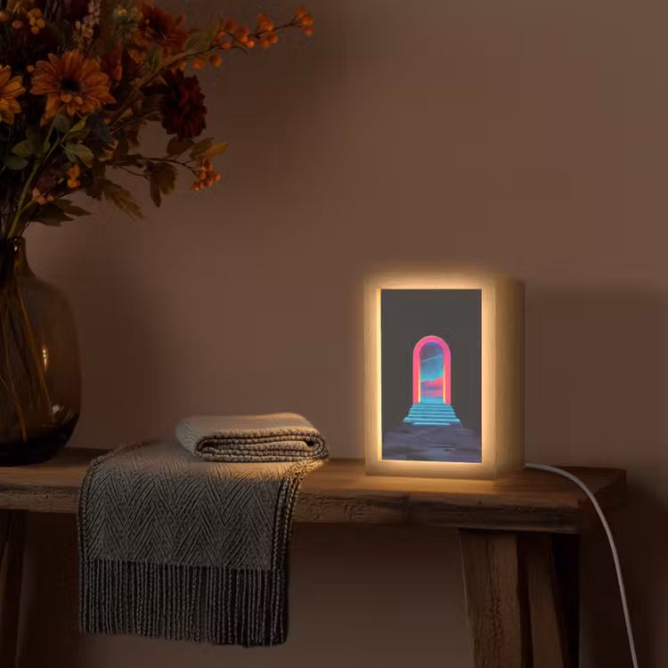 Poortje - Landschap - Sterrenhemel - Roze Light Box met kabel (Tafellamp) klein -sfeer4