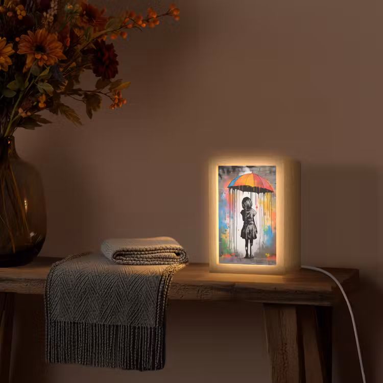 Meisje - Kunst - Paraplu - Graffiti - Kleuren - Muur Light Box met kabel (Tafellamp) klein -sfeer4