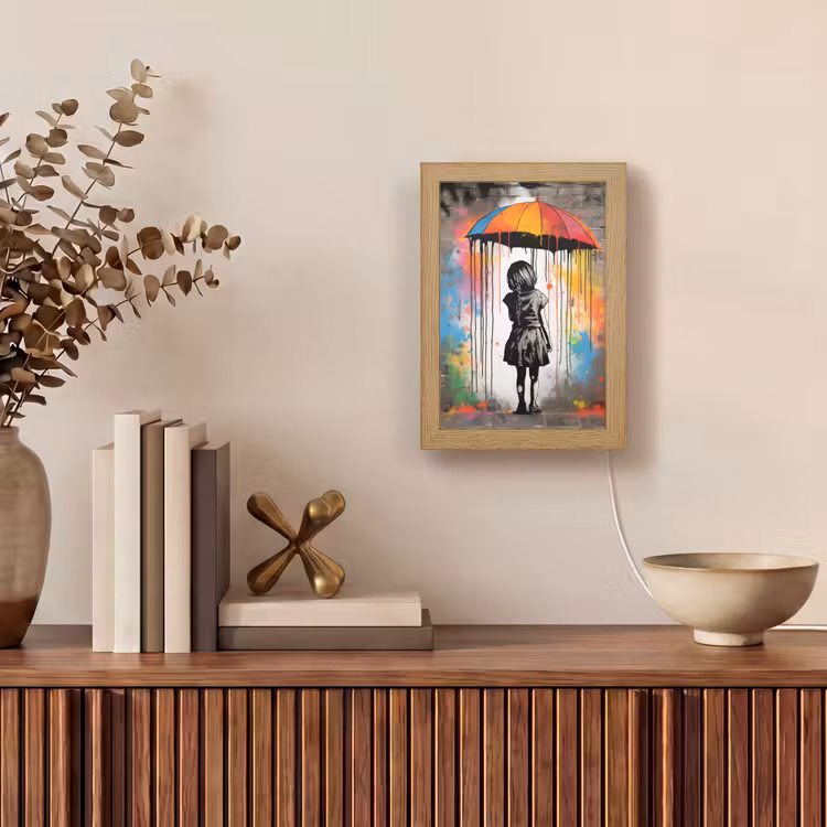 Meisje - Kunst - Paraplu - Graffiti - Kleuren - Muur Light Box met kabel (Tafellamp) klein -sfeer2