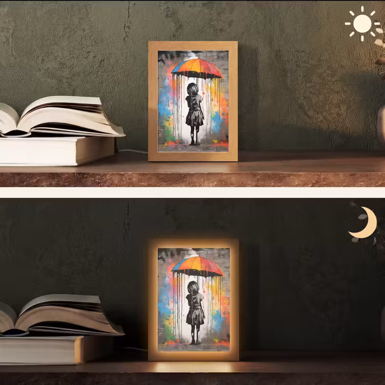 Meisje - Kunst - Paraplu - Graffiti - Kleuren - Muur Light Box met kabel (Tafellamp) klein -sfeer3
